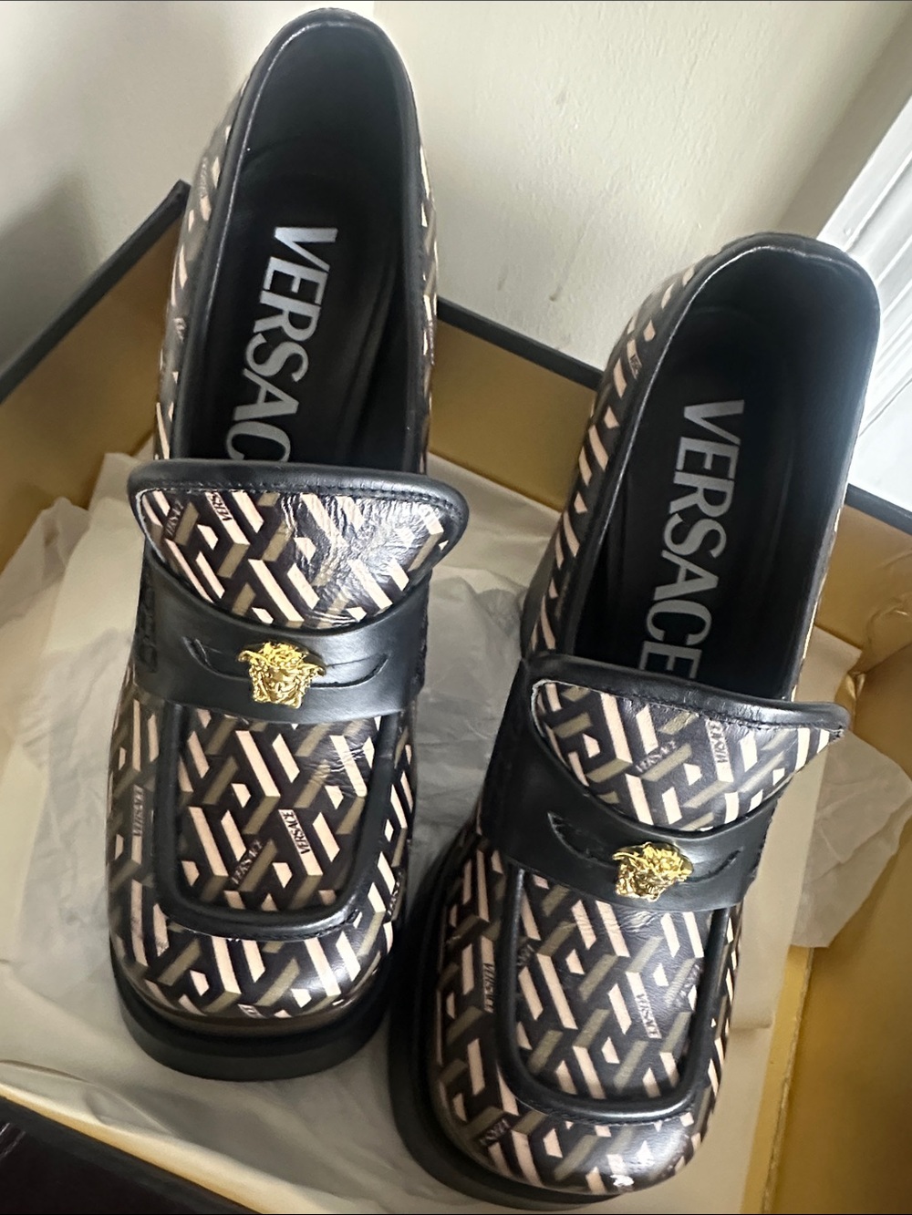 Versace Brown & Black Patterned Leather Slip-On Loafers with Gold Medusa